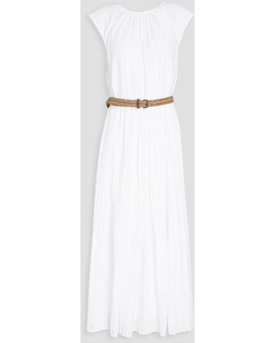 Brunello Cucinelli Belted Plissé Bead-embellished Poplin Midi Dress - White