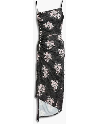 Rabanne Asymmetric Ruched Floral-print Jersey Dress - Black