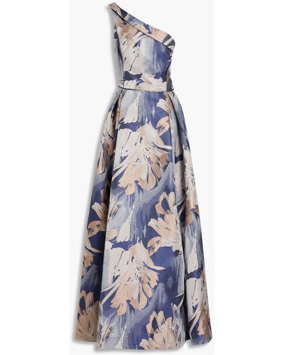 Aidan Mattox Plissierte robe aus floralem jacquard mit asymmetrischer schulterpartie - Blau