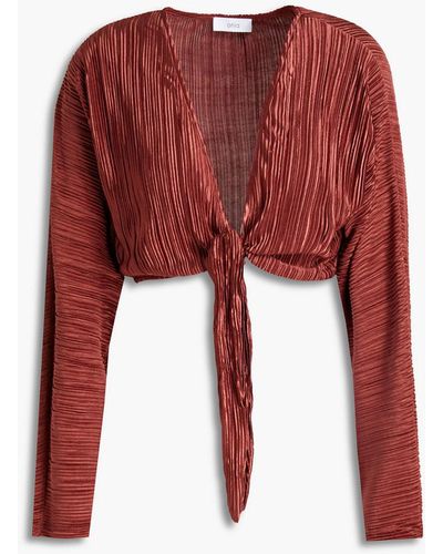 Onia Cropped Tie-front Plissé Satin-jersey Top - Red