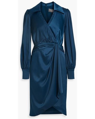 THEIA Jodi Wrap-effect Hammered-satin Dress - Blue