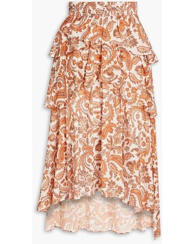 Maje Tiered Paisley-print Cotton Midi Skirt - Orange