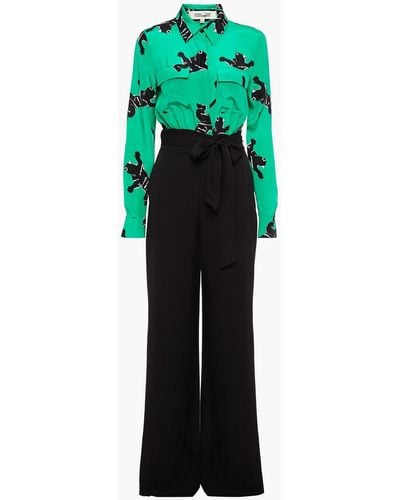 Diane von Furstenberg Estrella Belted Panelled Printed Silk-blend Jumpsuit - Green