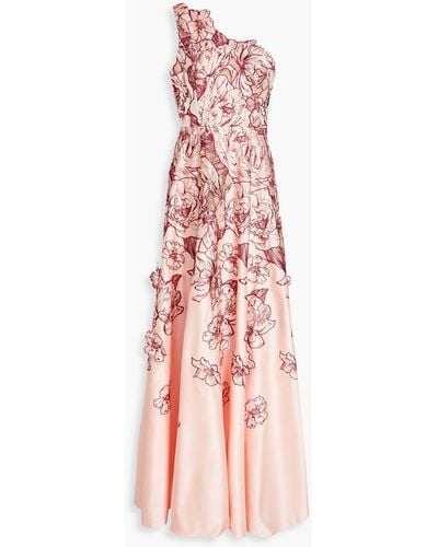 Marchesa One-shoulder Embroidered Duchesse-satin Gown - Pink