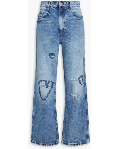 Sandro Patty Embroidered Distressed High-rise Wide-leg Jeans - Blue