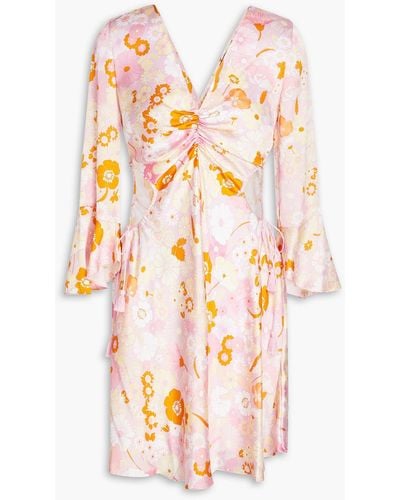 Maje Ruched Floral-print Satin Mini Dress - Pink