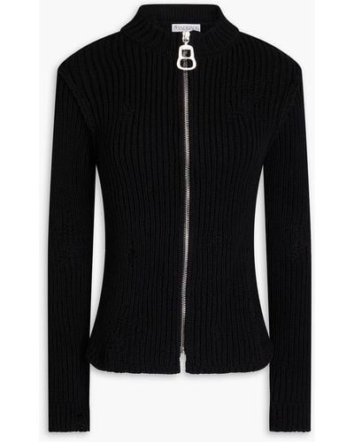 JW Anderson Distressed Ribbed Cotton-blend Zip-up Cardigan - Black