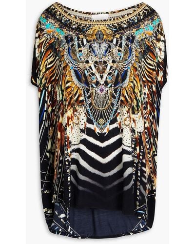 Camilla Crystal-embellished Printed Stretch-modal Jersey Top - Black