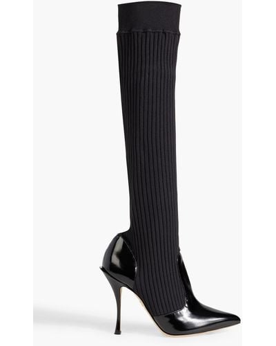 Dolce & Gabbana Glossed-leather And Ribbed-knit Knee Boots - Black
