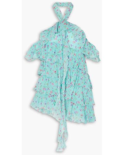 Alessandra Rich Violet Ruffled Floral-print Silk-georgette Halterneck Mini Dress - Blue