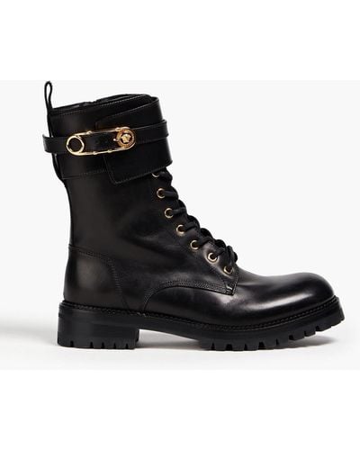 Versace Embellished Leather Combat Boots - Black