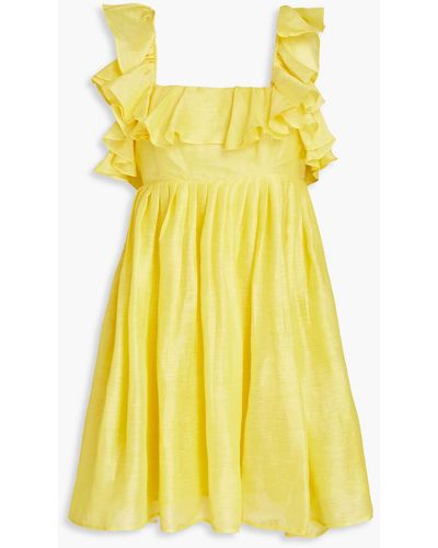 LEO LIN Cutout Ruffled Slub Linen And Silk-blend Mini Dress - Yellow