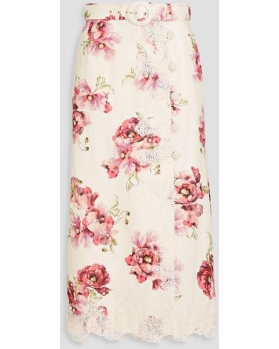 Zimmermann Lace-trimmed Floral-print Linen Midi Skirt - Pink