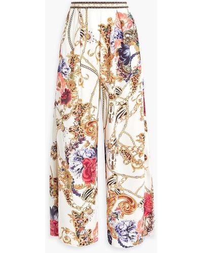 Camilla Embellished Printed Silk Crepe De Chine Wide-leg Trousers - White