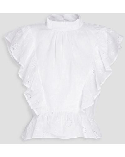 FRAME Ruffled Broderie Anglaise Ramie Top - White