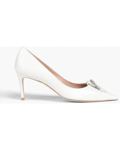 Stuart Weitzman Pearl Buckle 75 Embellished Leather Court Shoes - White