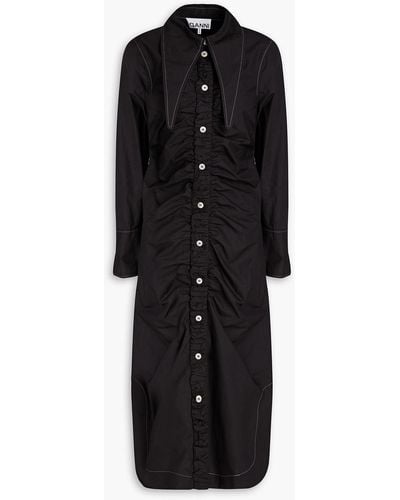 Ganni Ruched Cotton-poplin Midi Shirt Dress - Black