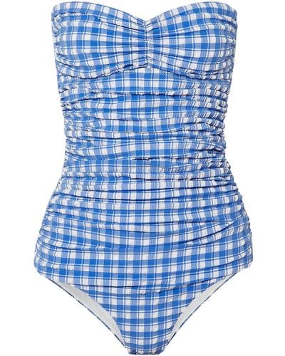 Ganni Gingham Halterneck Seersucker Swimsuit - Blue