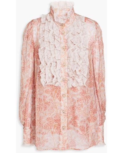 Zimmermann Bluse aus georgette mit floralem print und spitzenbesatz - Pink
