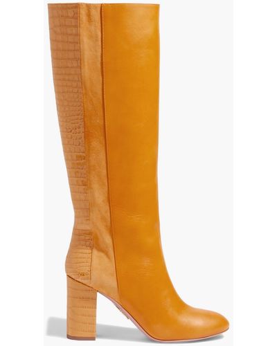 Aquazzura Eaton Suede-trimmed Croc-effect And Smooth Leather Knee Boots - Multicolor