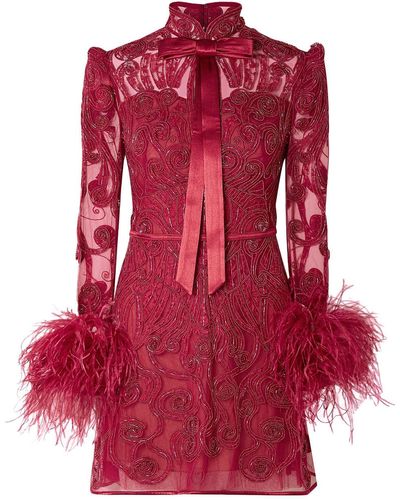 Zuhair Murad Belle Epoque Feather-trimmed Embellished Lace And Tulle Mini Dress - Red