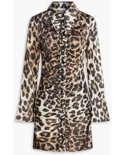 Ganni Ruched Leopard-print Satin Mini Shirt Dress - Multicolor