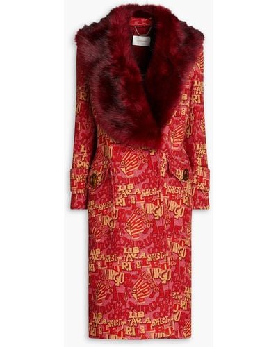 Zimmermann Double-breasted Faux Fur-trimmed Jacquard Coat - Red