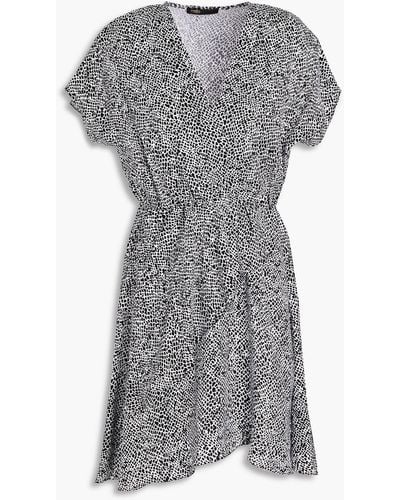 Maje Wrap-effect Printed Cupro-twill Mini Dress - Gray