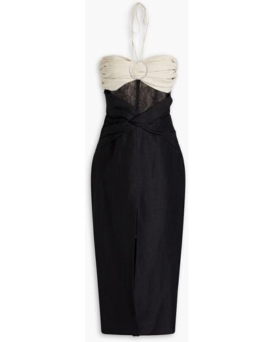 Rasario Embellished Lace-trimmed Linen-blend Halterneck Midi Dress - Black