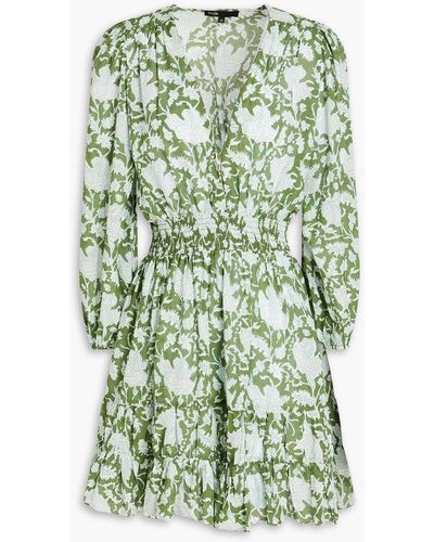 Maje Shirred Printed Cotton-blend Mousseline Mini Dress - Green