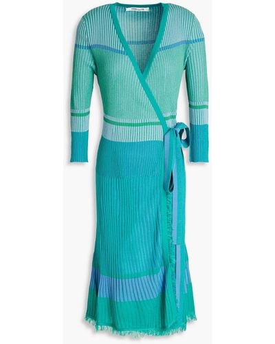 Diane von Furstenberg Lyric Frayed Striped Ribbed-knit Wrap Dress - Blue