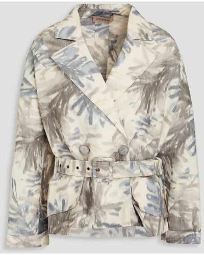 Gentry Portofino Belted Printed Linen-blend Jacket - White