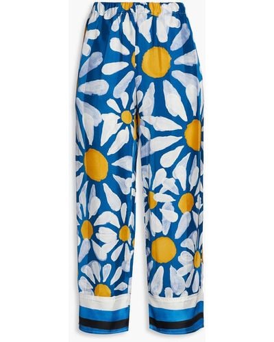 Marni Cropped Floral-print Satin Wide-leg Pants - Blue