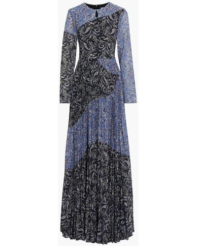 Mikael Aghal Pleated Patchwork Printed Crepe De Chine Maxi Dress - Black