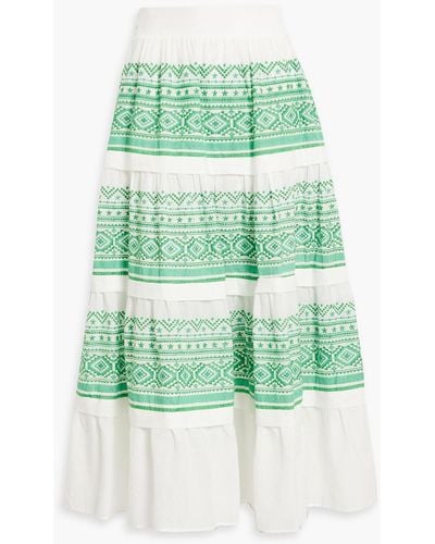 Maje Tiered Embroidered Cotton-jacquard Midi Skirt - Green