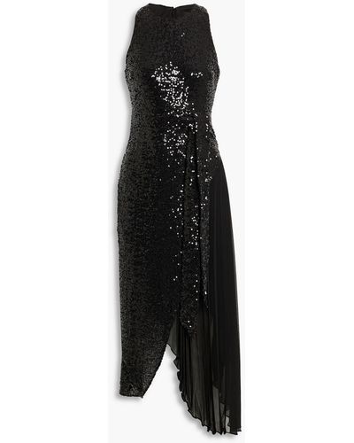 Badgley Mischka Asymmetric Crepe De Chine-paneled Sequined Tulle Midi Dress - Black