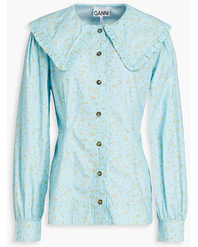 Ganni Hemd aus biobaumwollpopeline mit floralem print - Blau