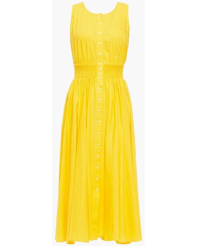 Maje Rellow Shirred Linen-blend Midi Dress - Yellow