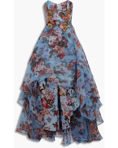 Marchesa Strapless Embellished Floral-print Organza Gown - Blue