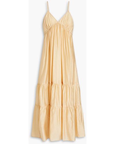 Missing You Already Tiered Gathered Sateen Midi Dress - Natural