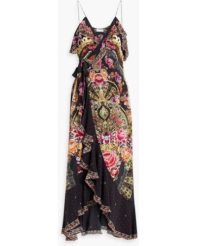 Camilla Ruffled Printed Silk Crepe De Chine Maxi Wrap Dress - Black