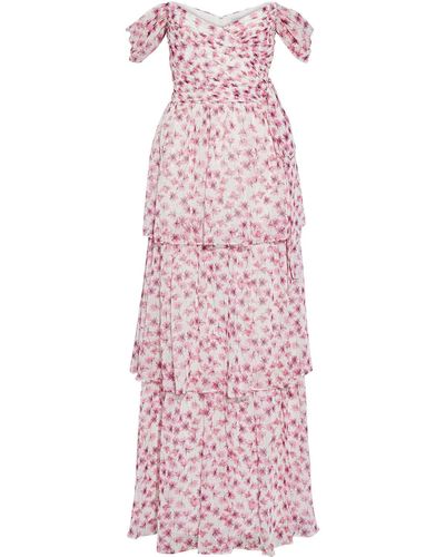 ML Monique Lhuillier Tiered Off-the-shoulder Floral-print Fil Coupé Georgette Maxi Dress - Pink