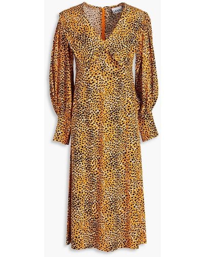 Ganni Ruffled Leopard-print Crepe Midi Dress - Natural
