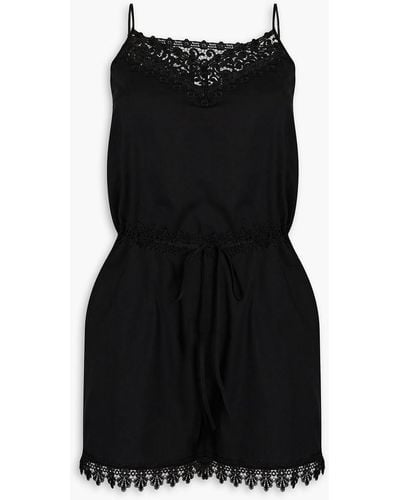 Charo Ruiz Crocheted Lace-trimmed Cotton-blend Playsuit - Black