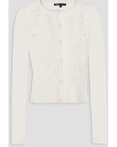 Maje Embroidered Ribbed-knit Cardigan - White
