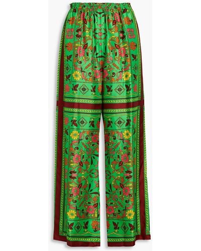 Tory Burch Printed Silk-twill Wide-leg Pants - Green