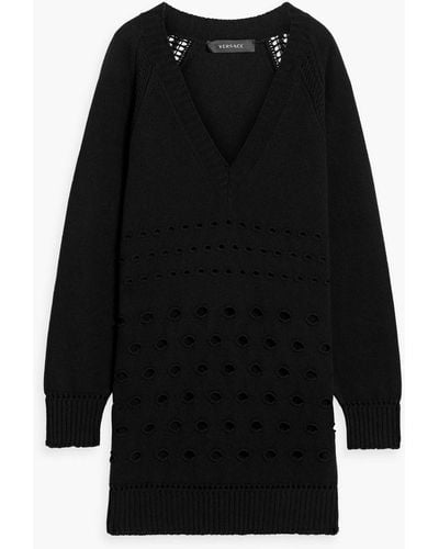 Versace Open-knit Cashmere And Wool-blend Mini Dress - Black