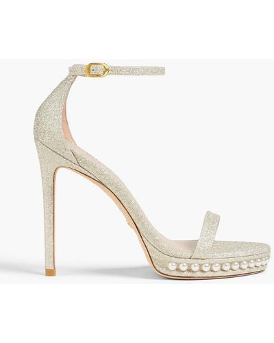 Stuart Weitzman Faux Pearl-embellished Glittered Lamé Sandals - White