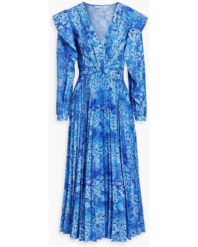 10 Crosby Derek Lam Pleated Ruffled Floral-print Crepe Midi Dress - Blue