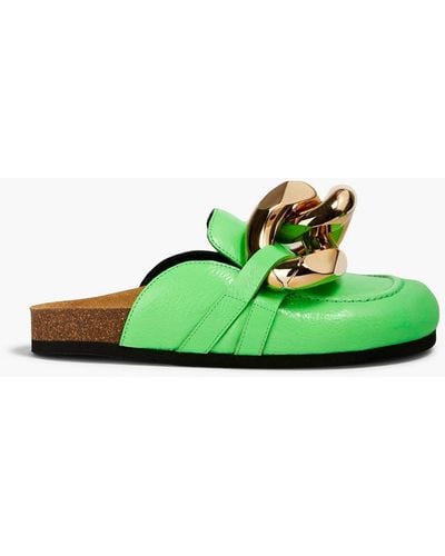 JW Anderson Neon Chain-embellished Cracked-leather Slippers - Green